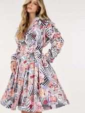 Comic Print Wrap Dress Size Medium Long Ruched Sleeves