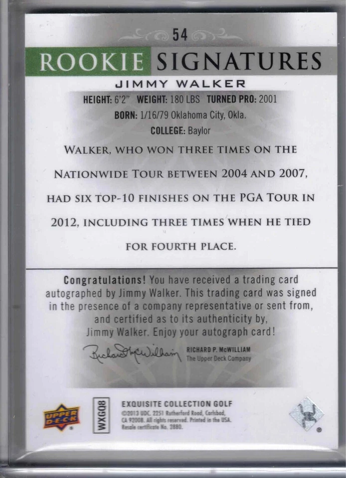 2014 UD Exquisite PGA golf Jimmy Walker RC Rookie Signatures auto /199 card #54 - Image 2 of 2