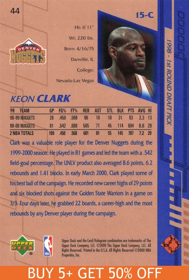 2000-01 Upper Deck #44 Keon Clark Denver Nuggets Basketball - Image 2 of 2