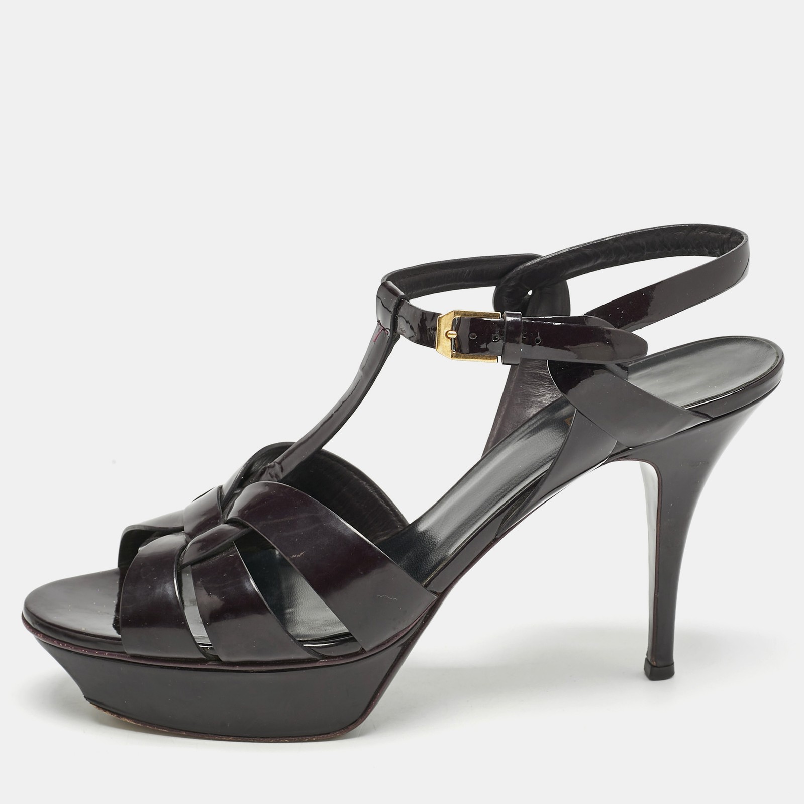 Sandali Saint Laurent con plateau omaggio in pelle verniciata bordeaux scuro taglia 41