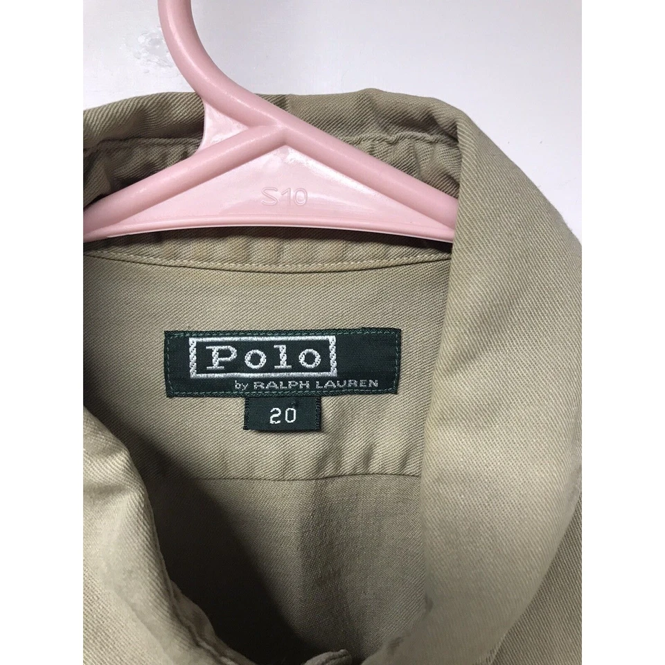 复古 Polo Ralph Lauren 绿色标签 20 码青少年卡其色实用军用衬衫 — 第 2/4 张图片