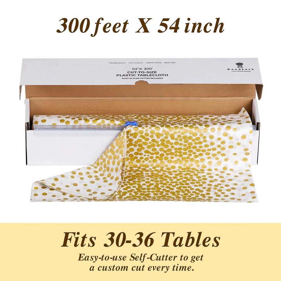 54 Inch X 300 Feet Plastic Table Cloths with Cutter Box, Gold Disposable Tabl... - Image 4 of 4