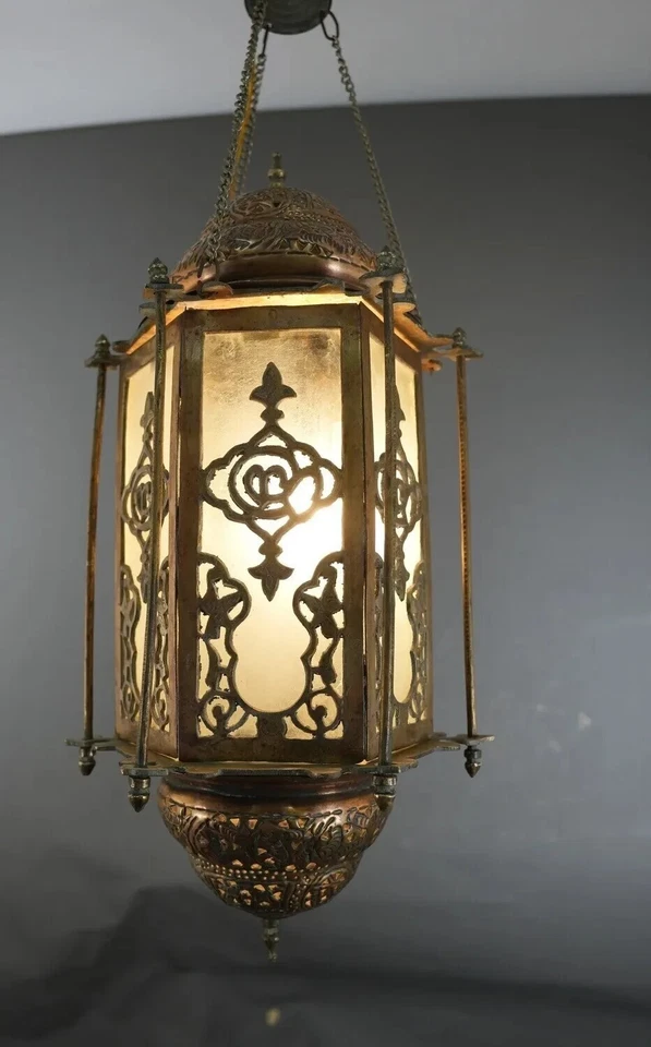 Antique Islamic Hexagonal Large Brass Frosted Glass Ceiling Lantern Pendant Lamp - Image 3 of 4
