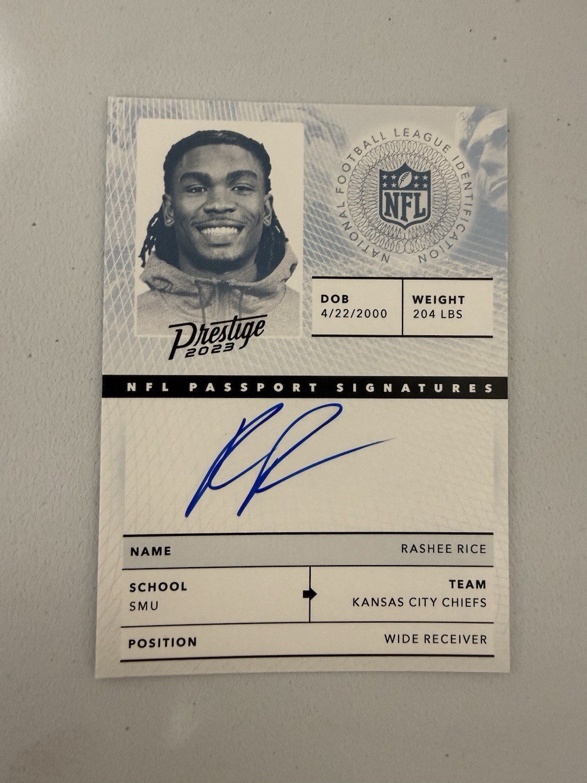 2023 RASHEE RICE ON CARD AUTO Panini Prestige Passport Signature SP Chiefs RC