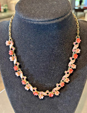 Vintage Pink, Coral & Rhinestone Enameled Flower Necklace in goldtone,  16 in.
