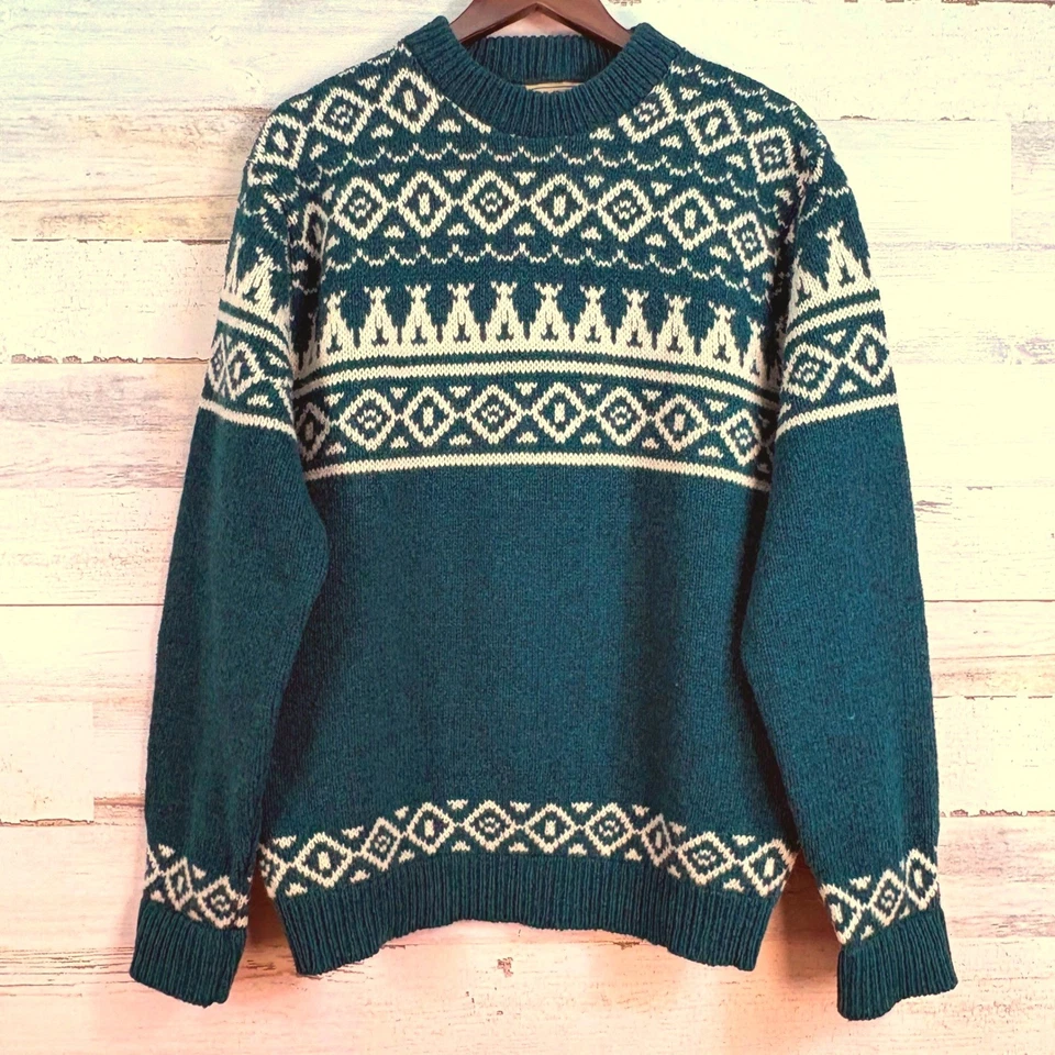 L.L.Bean Mens VTG Fair Isle Wool Sweater Size L Teal Green White Pullover Nordic - Image 2 of 4