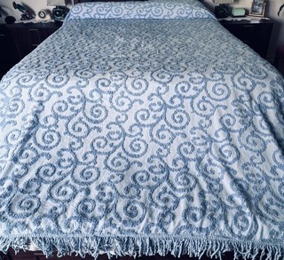 Vtg Cotton Chenille Bedspread 2 Tone Blue Swirl / Scroll w/Fringe