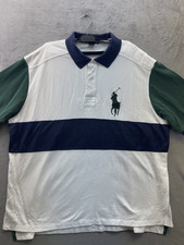 Polo Ralph Lauren Shirt Mens 2XL White Green Blue Big Pony Rugby Striped 2XB