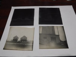 Pair of Vintage Glass negatives w/pics - Houses, People at a building and silo