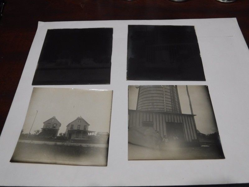 Pair of Vintage Glass negatives w/pics - Houses, People at a building and silo