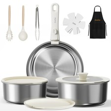 14 pcs Stainless Steel Cookware Set, Detachable Pots and Pans Set with Remova...