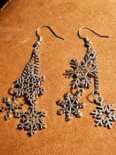 Snowflake Silver Metal Earrings W/ Hook Surgical Steel Winter Holiday Snowflake