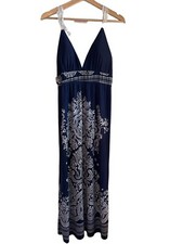 Second Skin NYV Blue White Midi Dress Women's Size Medium Lace Back Bodycon