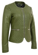 Women Collarless Soft Olive Green Leather Biker Jacket Fitted Quilted Zip Up New
