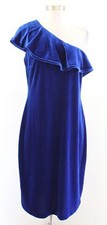 Calvin Klein Blue Velvet Ruffle One Shoulder Dress Size 12 Sheath Cocktail