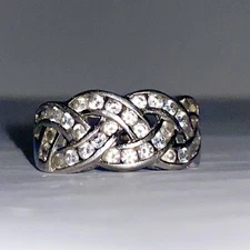 Braided Vintage GSJ Signed CZ  Cubic Zirconia Woven Silver Ring Diamonique Sz 8