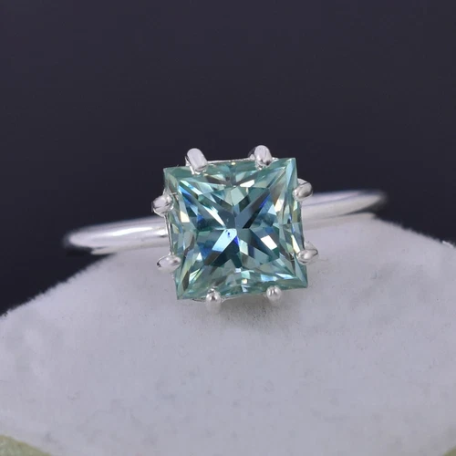 RARE 5.50 Ct Princess Cut Certified Blue Treated Diamond Ring, 925 Silver