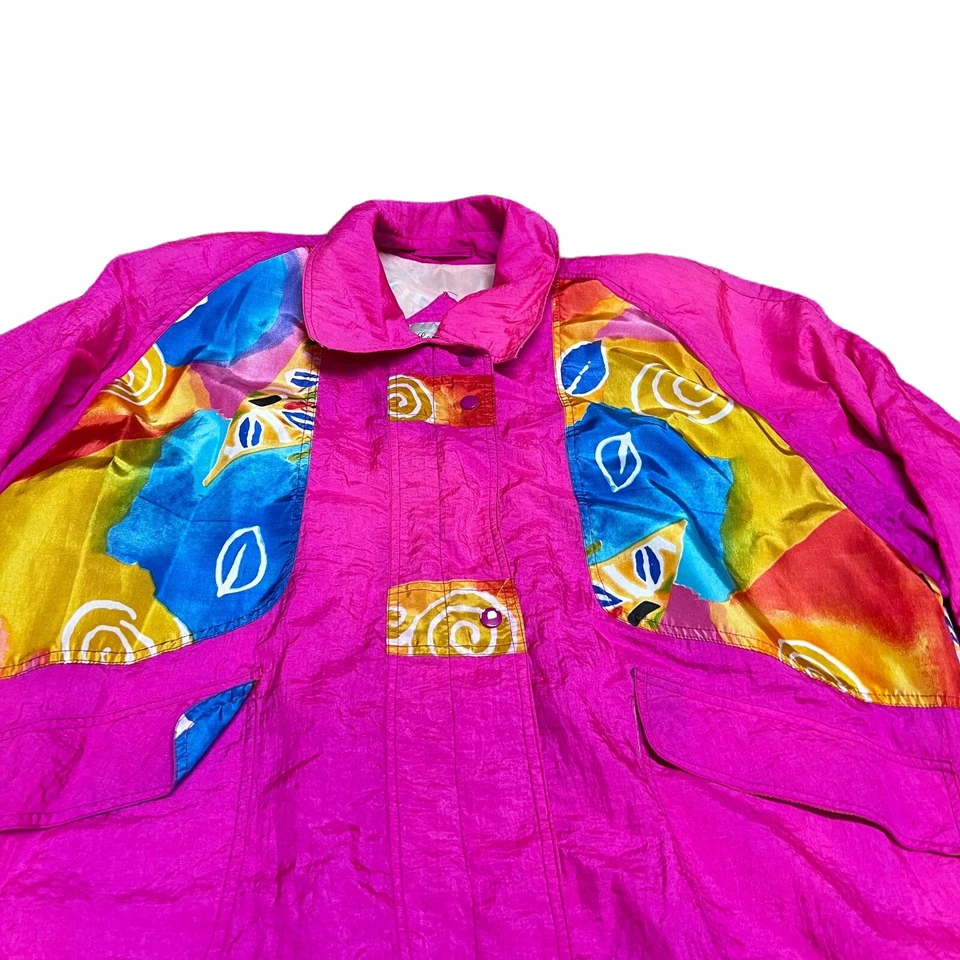 Chaqueta cortavientos vintage London Towne rosa neón bloque de color años 80 chaqueta XL Foto 2 de 4