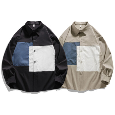 Men Patchwork Striped Shirts Splice Blouse Top Long Sleeve Casual Oversized
