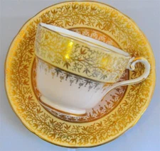 AYNSLEY TEACUP & SAUCER HEAVY GOLD FILIGREE PEACH, SOFT YELLOW 