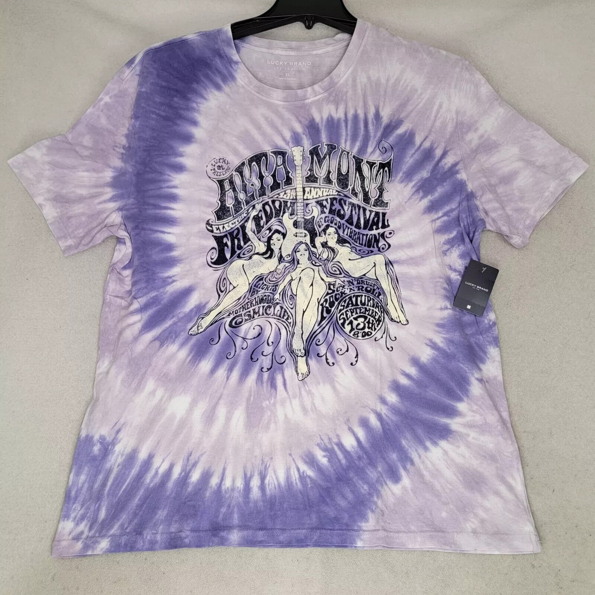 Lucky Brand TIE DYE Shirt Mens 2XL XXL Purple Guitar Rock Music