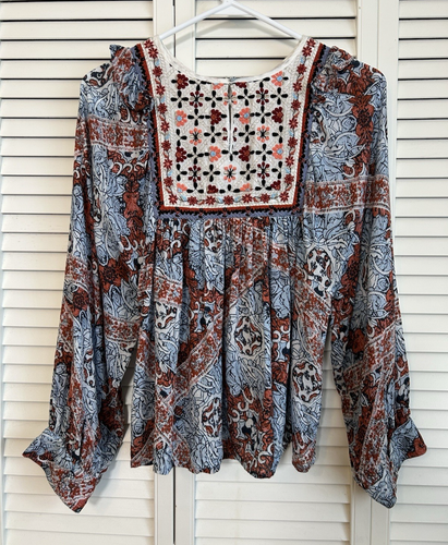 Anthropologie Seen Worn Kept Minuet Blouse Women's M Blue Embroidered Flowy Boho - Picture 5 of 18