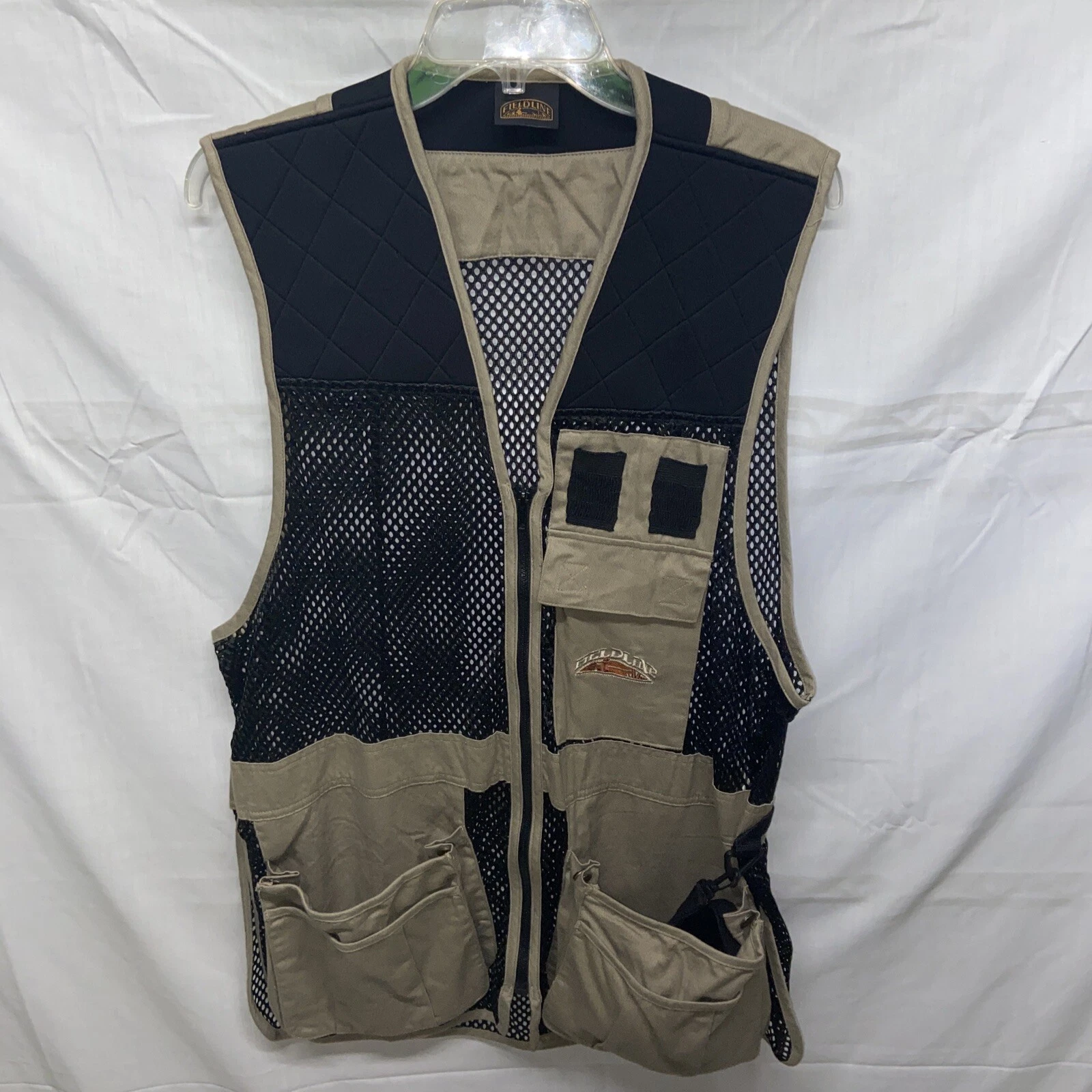 Fieldline Sz L Beige Black Mens Zip Front Field Vest & Glasses Outdoors Hunting