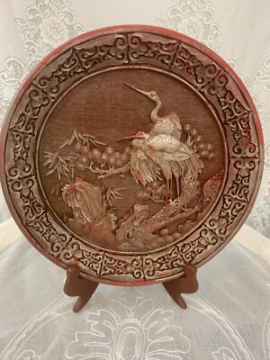 China Lacquerware Red Crowned Crane 12 Beautiful Display Plate Collector Asian