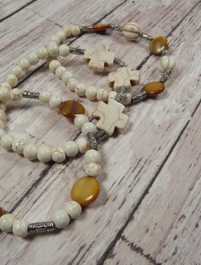 Howlite Coin Shell Beaded Handmade Boho 3 Bracelets White Brown Copper 7" - Image 3 of 4