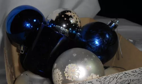 9 Holiday  blue and silver ,ball ornaments, tealight holder # 5398