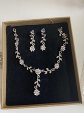 Women Silver Jewelry Set Necklace Earrings,Comb Bridal Floral Rhinestone Wedding