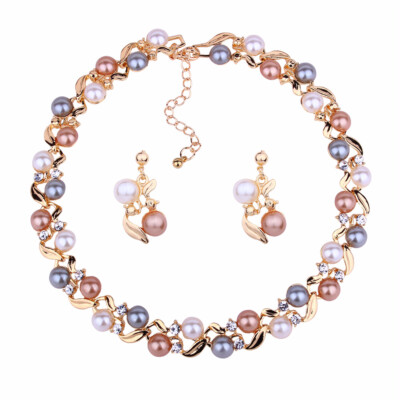 Gold Silber Perlen Blumen Halsband Statement Halskette und Ohrringe Set