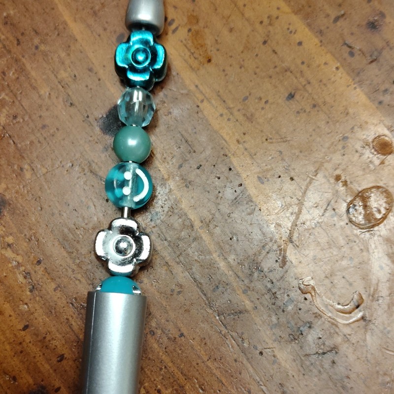 Silver Tone Metal Ballpoint Pen, Black Ink, Beaded Flower Charm Teal