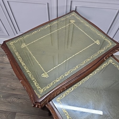 Antique Vintage Queen Anne Carved Wooden Nest Of 3 Tables - Glass Leather Tops - Picture 12 of 24