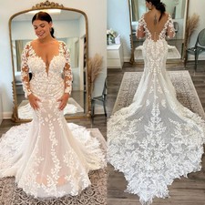 Plus Size Boho Wedding Dresses Appliques Lace Mermaid Train Beach Bridal Gowns