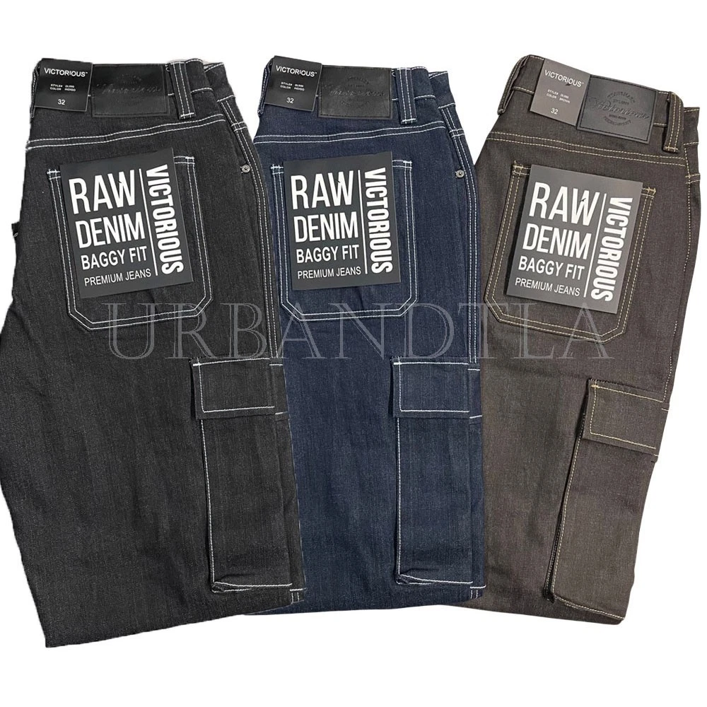 Men's Baggy Fit Raw Denim Cargo Jeans Pants Size 30-42 DL990