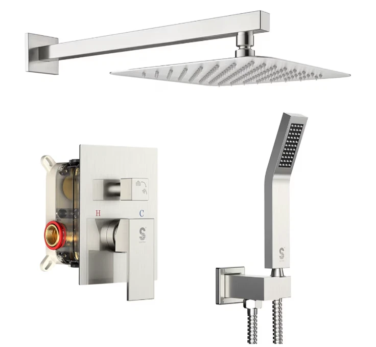10" Brushed Nickel Rainfall Shower Head System Wall Mount Arm Handheld