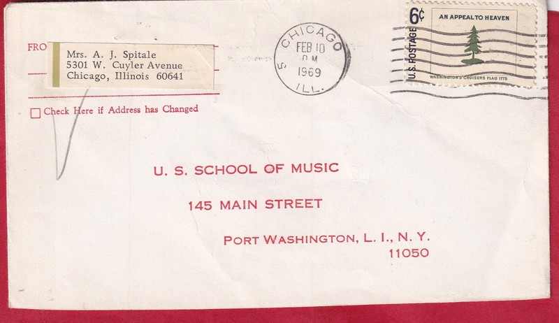 1969 cover Mrs A J Spitale Chicago to US School Of Music Port Washington NY