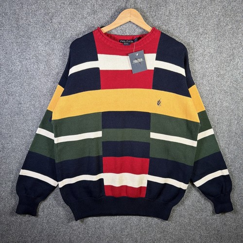 Vintage Nautica Sweater Mens Large Color Block 90s NWT Sail Sailong Preppy Knit