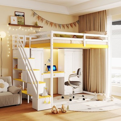 Full Size Loft Bed with Storage Stairs,Wardrobe Dressing Table Mirror LED Lights