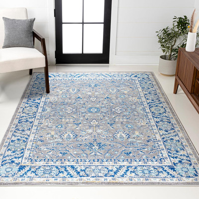 Boho Floral Gray/Navy Area Rug 8x10 - Vintage, Easy-Clean, Pet Friendly