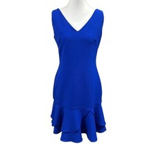 Eliza J Ruffle Hem Sleeveless V Neck Mini Dress Sz 6 Blue