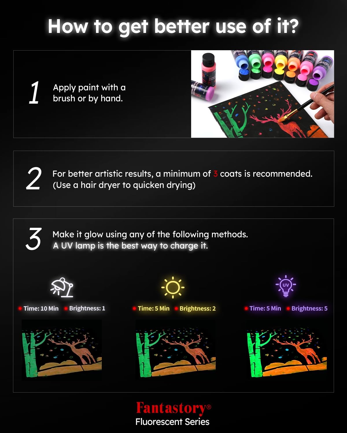 Fluorescent Glow in the Dark Paint,60ml /2oz,Neon Colors Glow Acrylic Paints.
