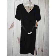 NUE by Shani Black Bodycon Sheath Dress Knit Sleeve Belted V Neck Ladies 16