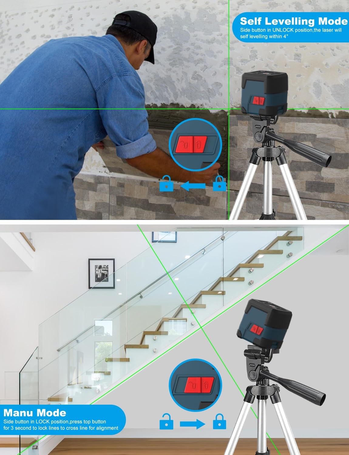 Laser Level, Cross Line Laser with Self-Leveling, Vertical and Horizontal Lin...