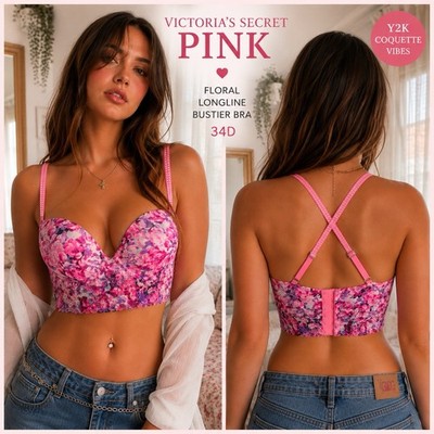 Victoria s Secret PINK Bustier Bra 34D Rhinestone Straps Longline Floral lace