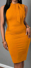 Yellow Solid High Neck Sleeveless Stretch Knit Bodycon Knee Dress Bow Size L