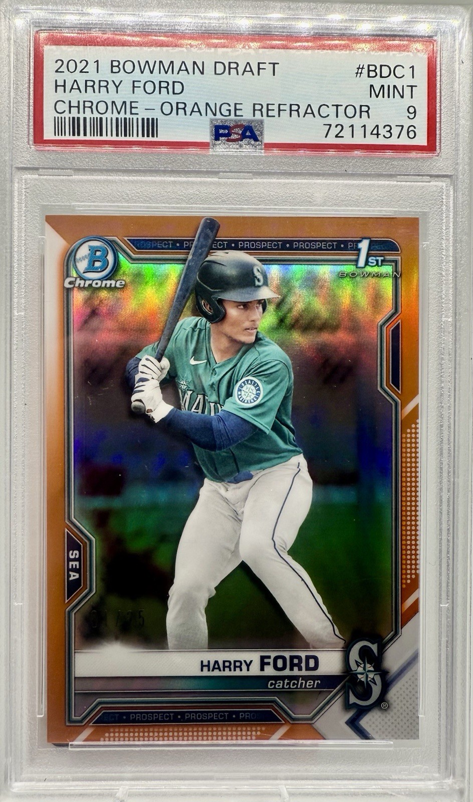 Harry Ford 1st Bowman 2021 Draft Chrome Orange Refractor /25 PSA 9 BDC-1 Mariner