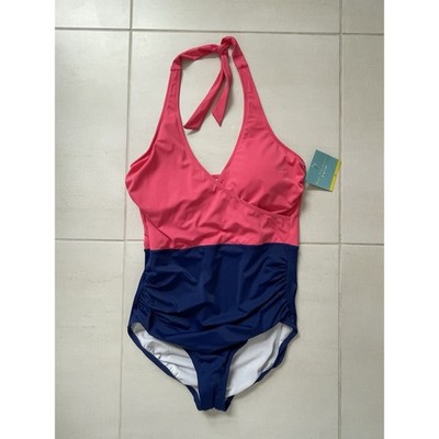 Bal Harbour Swim Women Sz 16 One Piece Swimsuit Halter Plunge Color Block NWT