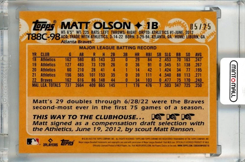 2023 Topps Series 1 Matt Olson 1988 Topps Chrome Silver Orange /25 - Image 2 of 2